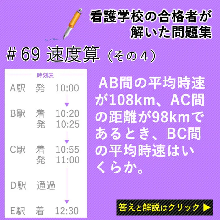 AB間の平均時速が108km、AC間の距離が98kmであるとき、BC間の平均時速はいくらか。
